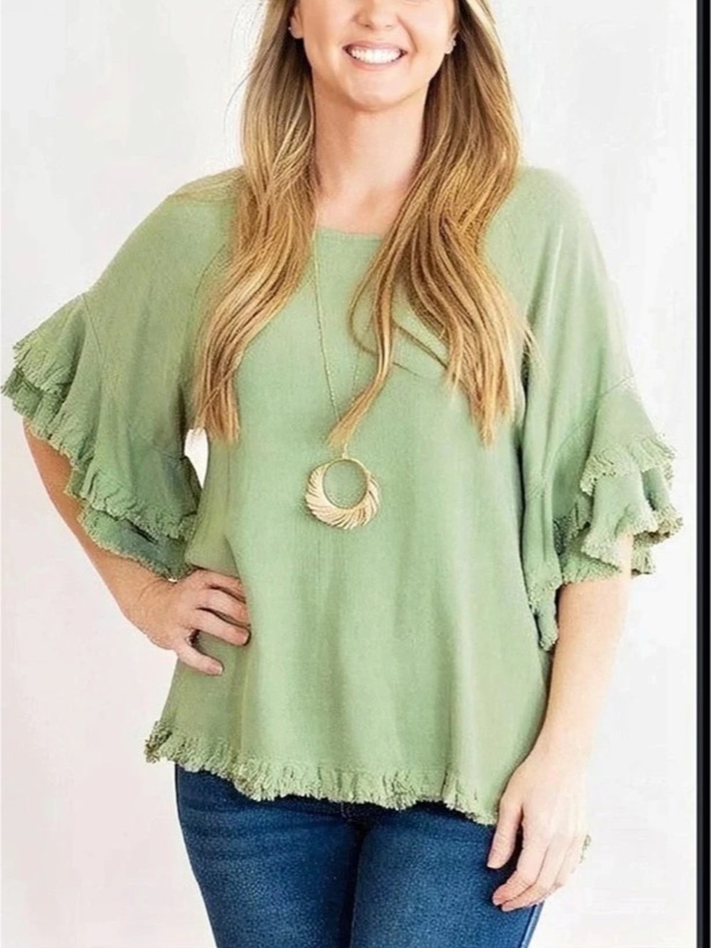 Umgee Double Ruffle Sleeve Linen Tunic Top with Frayed Hem Sage Green Size Med